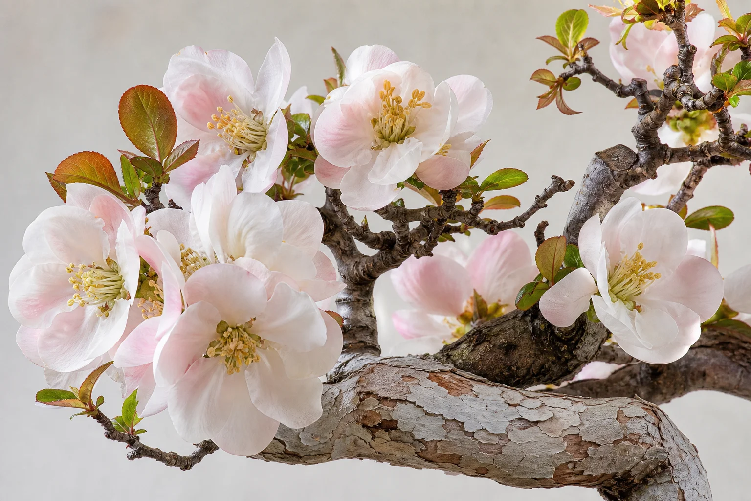 A common quince bonsai with large pink-white spring blossoms
