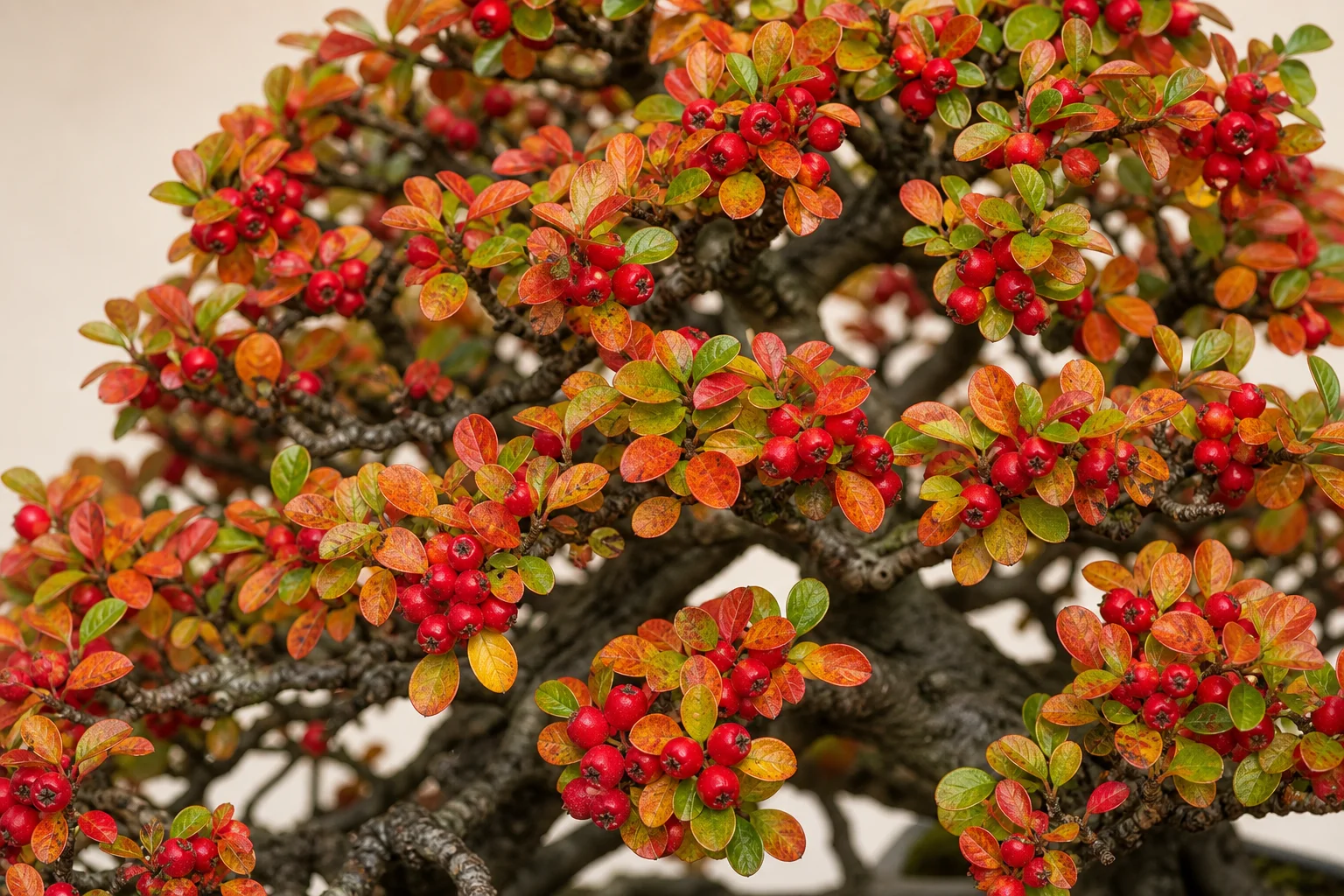 A cotoneaster bonsai with red berries and small leaves