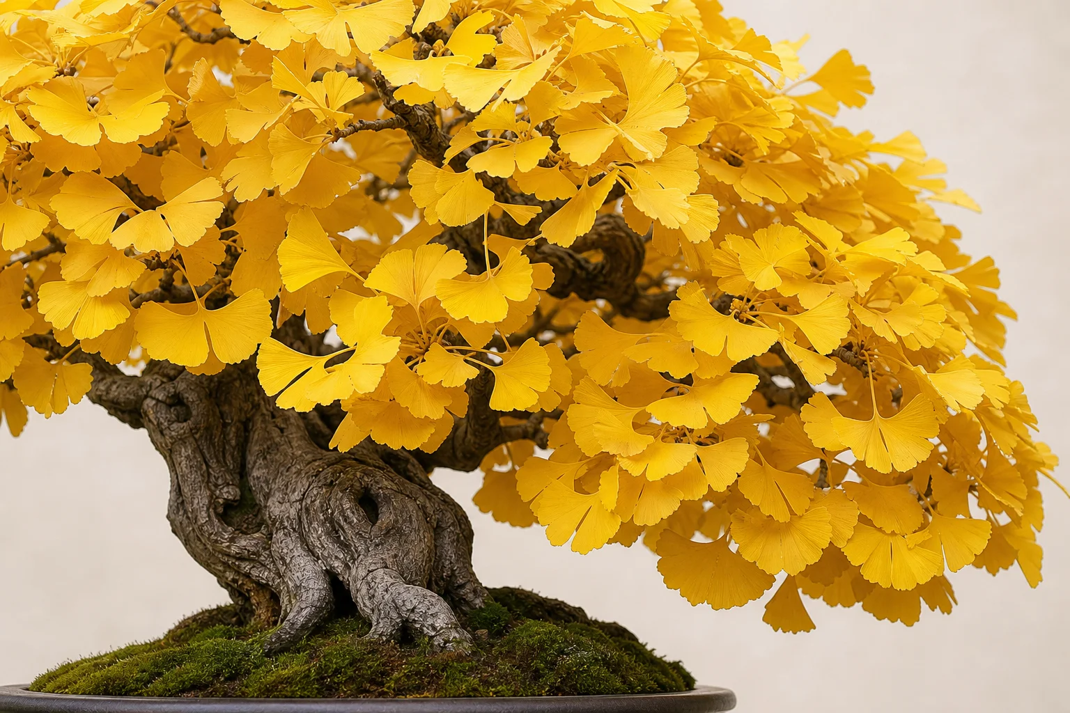 A Ginkgo bonsai with distinctive fan-shaped leaves in brilliant autumn yellow