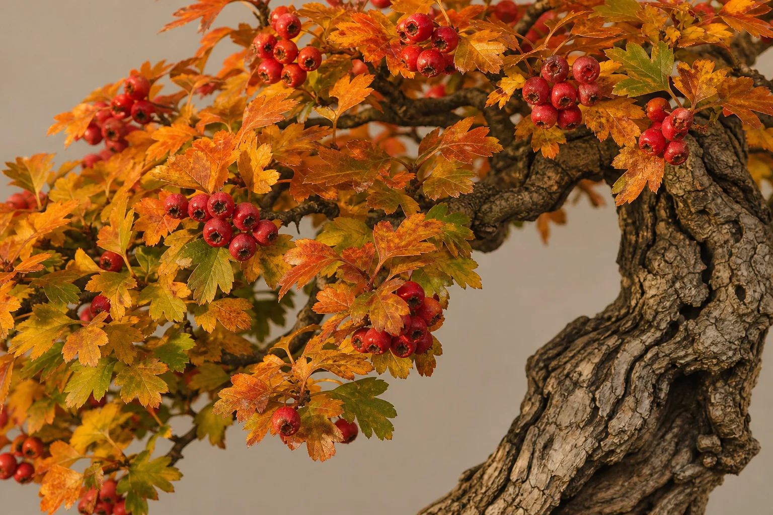 A collected hawthorn bonsai with gnarled trunk and red berries