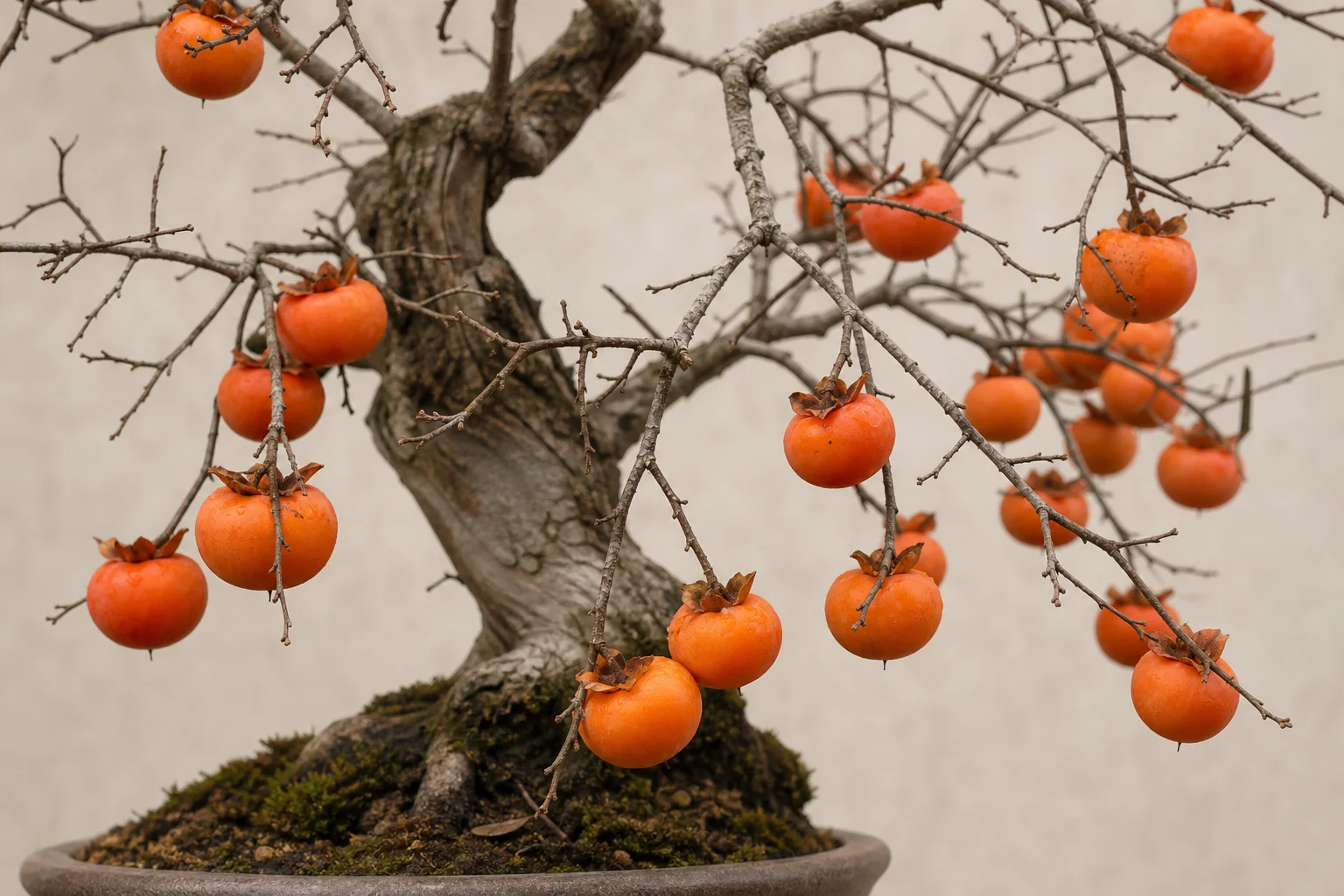A persimmon bonsai with bright orange fruit hanging on bare branches in autumn