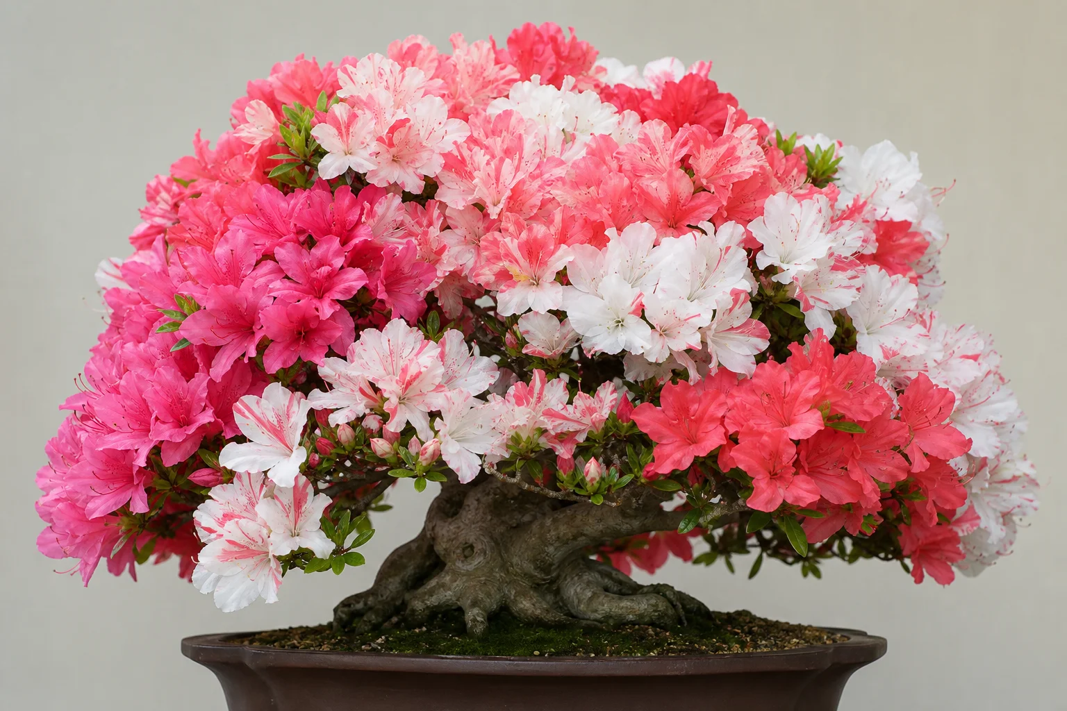 A satsuki azalea bonsai in full bloom with multicoloured flowers